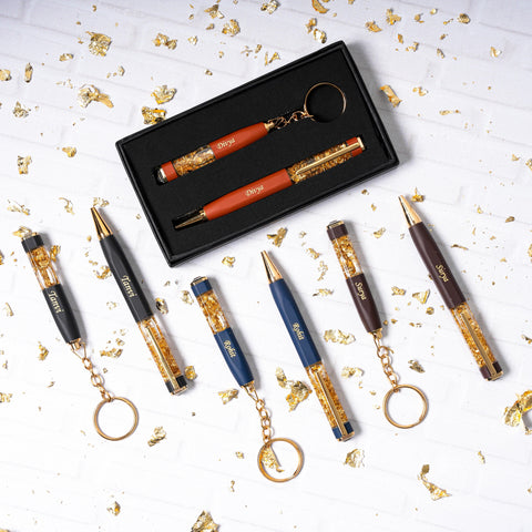 Personalized Gold Flake Pen & Keychain Set - Custom Gift Box