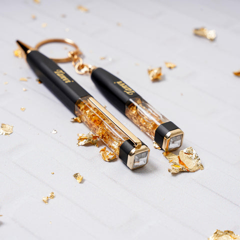 Personalized Gold Flake Pen & Keychain Set - Custom Gift Box
