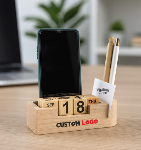 4-in-1 Wooden Desk Organizer with Perpetual Calendar & Mobile Stand