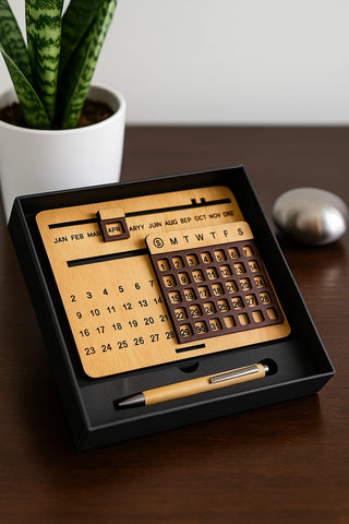 Perpetual MDF Calendar & Bamboo Pen Combo | Customizable Eco Gift