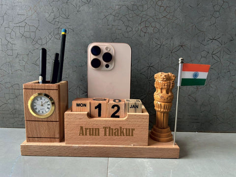 Personalized Wooden Desk Organizer with Perpetual Calendar & Emblem