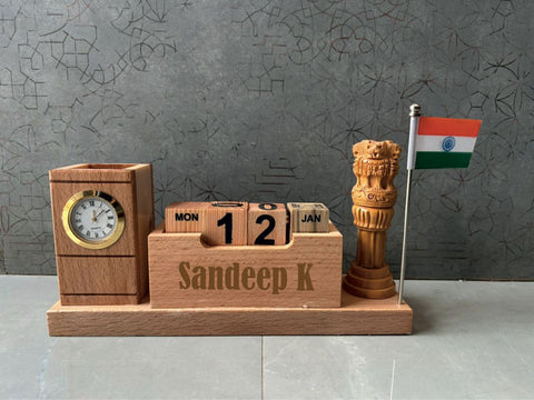Personalized Wooden Desk Organizer with Perpetual Calendar & Emblem