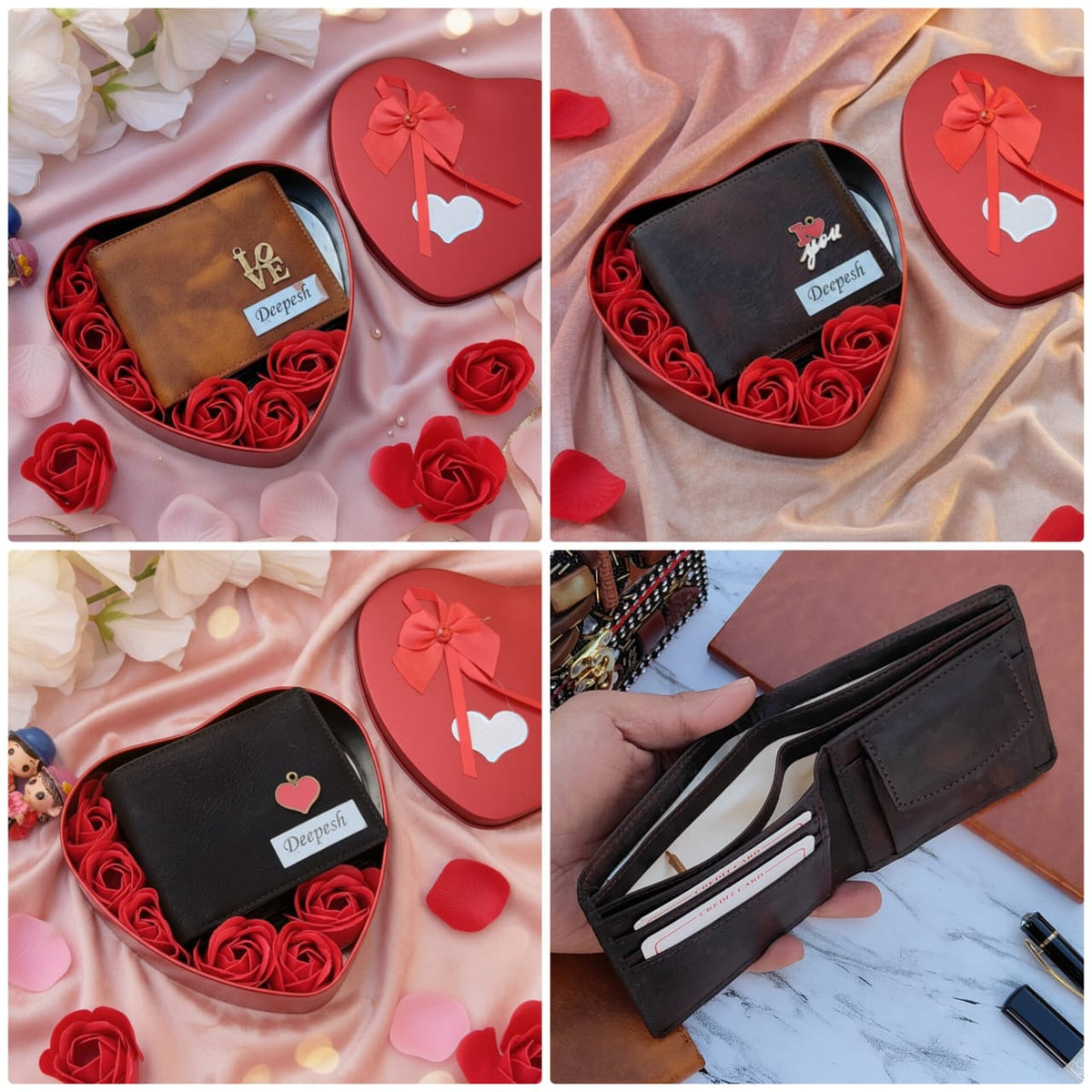 Personalized Lexus Leather Wallet Gift Set | Heart Box & Flowers