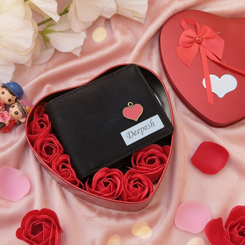Personalized Lexus Leather Wallet Gift Set | Heart Box & Flowers