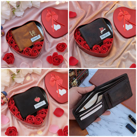 Personalized Lexus Leather Wallet Gift Set | Heart Box & Flowers