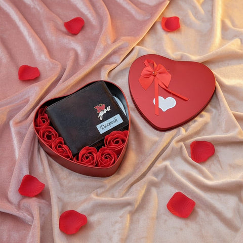 Personalized Lexus Leather Wallet Gift Set | Heart Box & Flowers