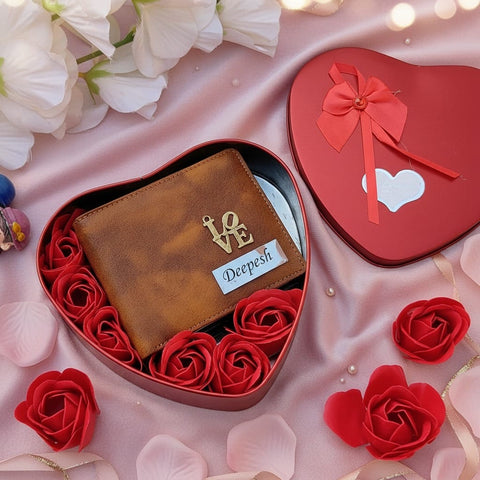 Personalized Lexus Leather Wallet Gift Set | Heart Box & Flowers