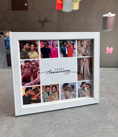 White photo frame with multiple cut-out pictures of a couple, placed on a textured surface.