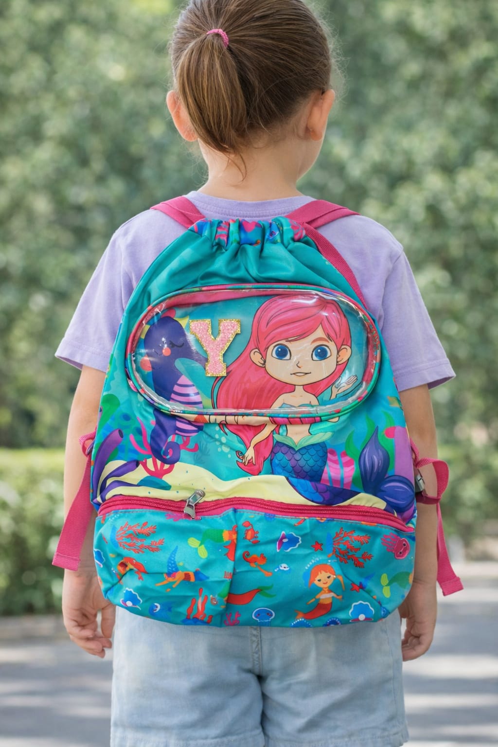 Child wearing a colorful backpack with a mermaid design outdoors.