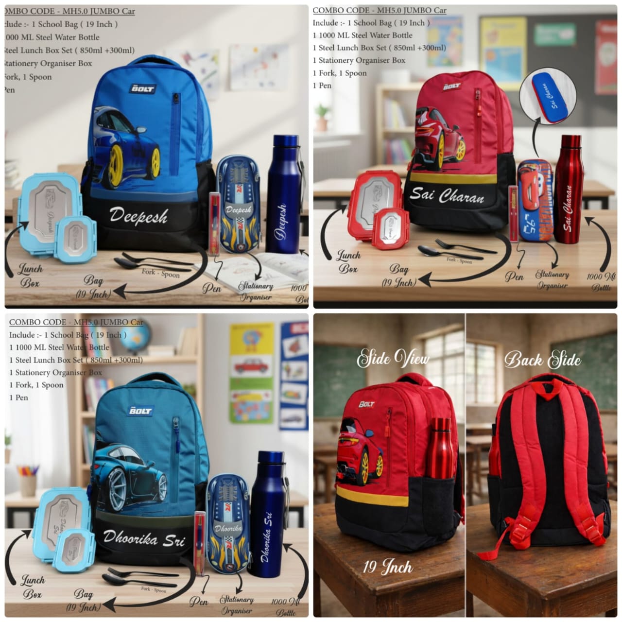 Backpacks with personalized name labels and stationery items on a classroom background