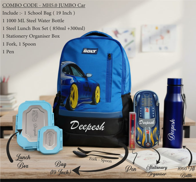 Blue backpack with car design and school supplies on a table