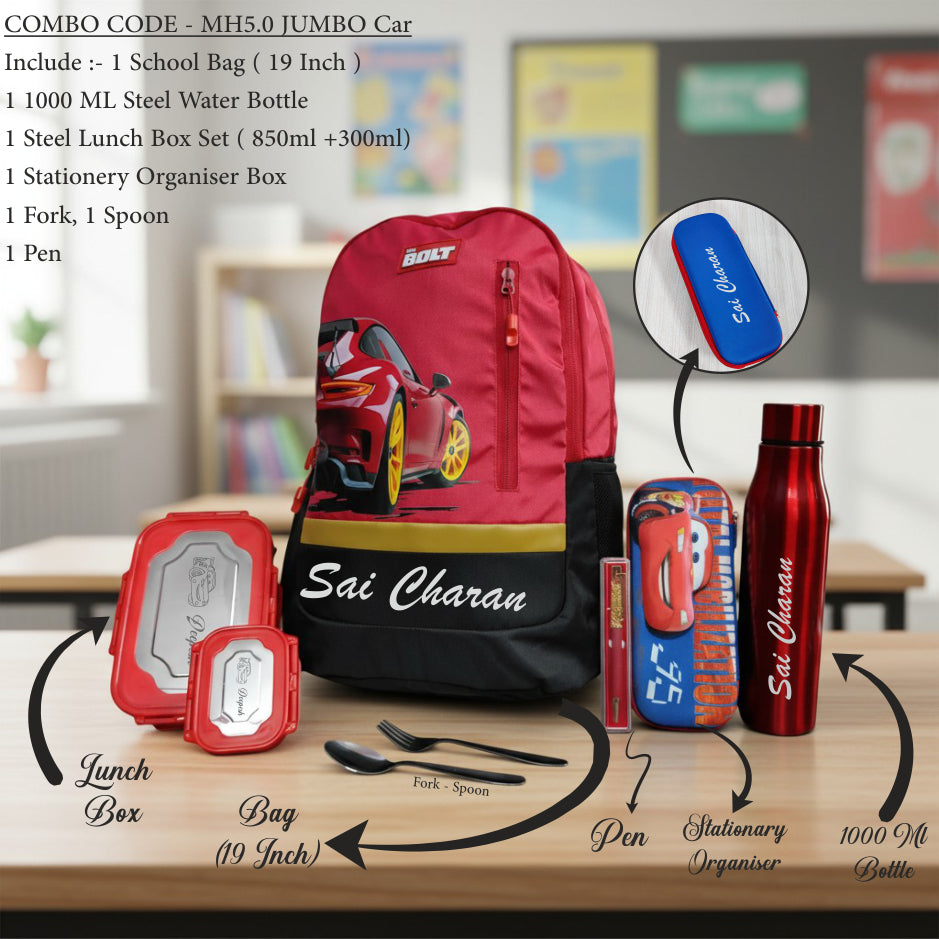 School bag set with water bottle, lunch box, and stationery items on a table.