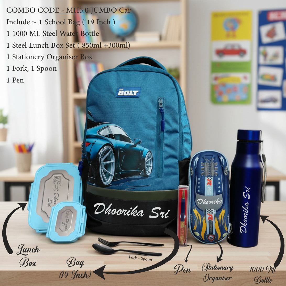 School supplies including a blue backpack, water bottle, and stationery items on a table.
