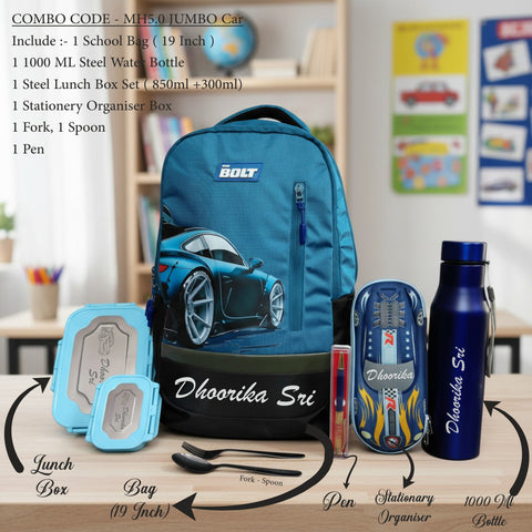 School supplies including a blue backpack, water bottle, and stationery items on a table.