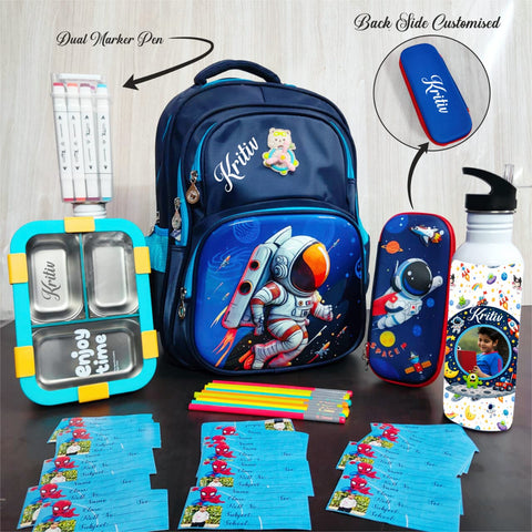Personalized Kids Back to School Kit – MH 4.0 Spinner Theme 15.5" Bag, Bento Lunch Box, Bottle & Stationery Set (Class 1–5)