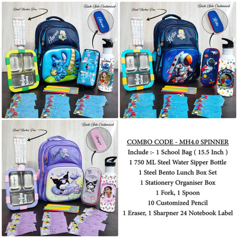 Personalized Kids Back to School Kit – MH 4.0 Spinner Theme 15.5" Bag, Bento Lunch Box, Bottle & Stationery Set (Class 1–5)