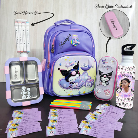 Personalized Kids Back to School Kit – MH 4.0 Spinner Theme 15.5" Bag, Bento Lunch Box, Bottle & Stationery Set (Class 1–5)