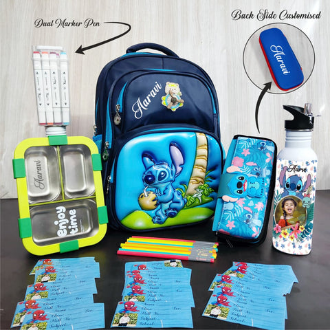 Personalized Kids Back to School Kit – MH 4.0 Spinner Theme 15.5" Bag, Bento Lunch Box, Bottle & Stationery Set (Class 1–5)