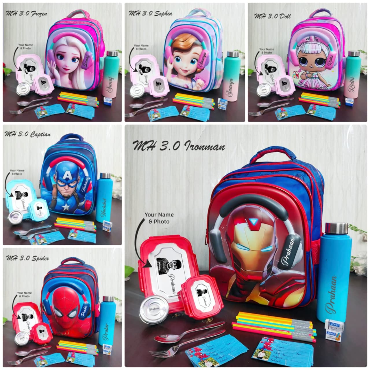 Collection of children's backpacks with character designs and accessories on a wooden surface.