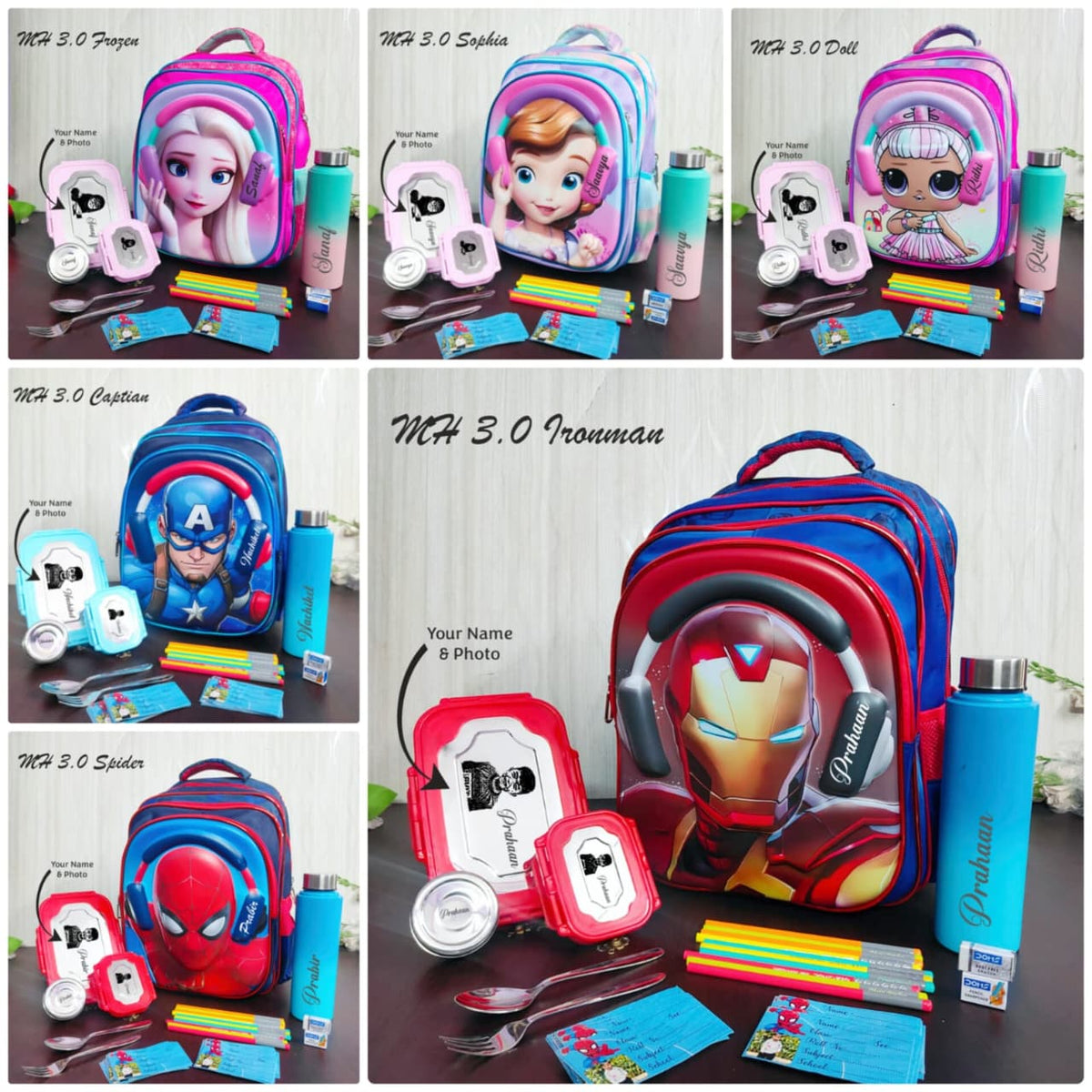 Collection of children's backpacks with character designs and accessories on a wooden surface.