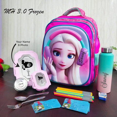 Frozen-themed school backpack with stationery items on a wooden surface