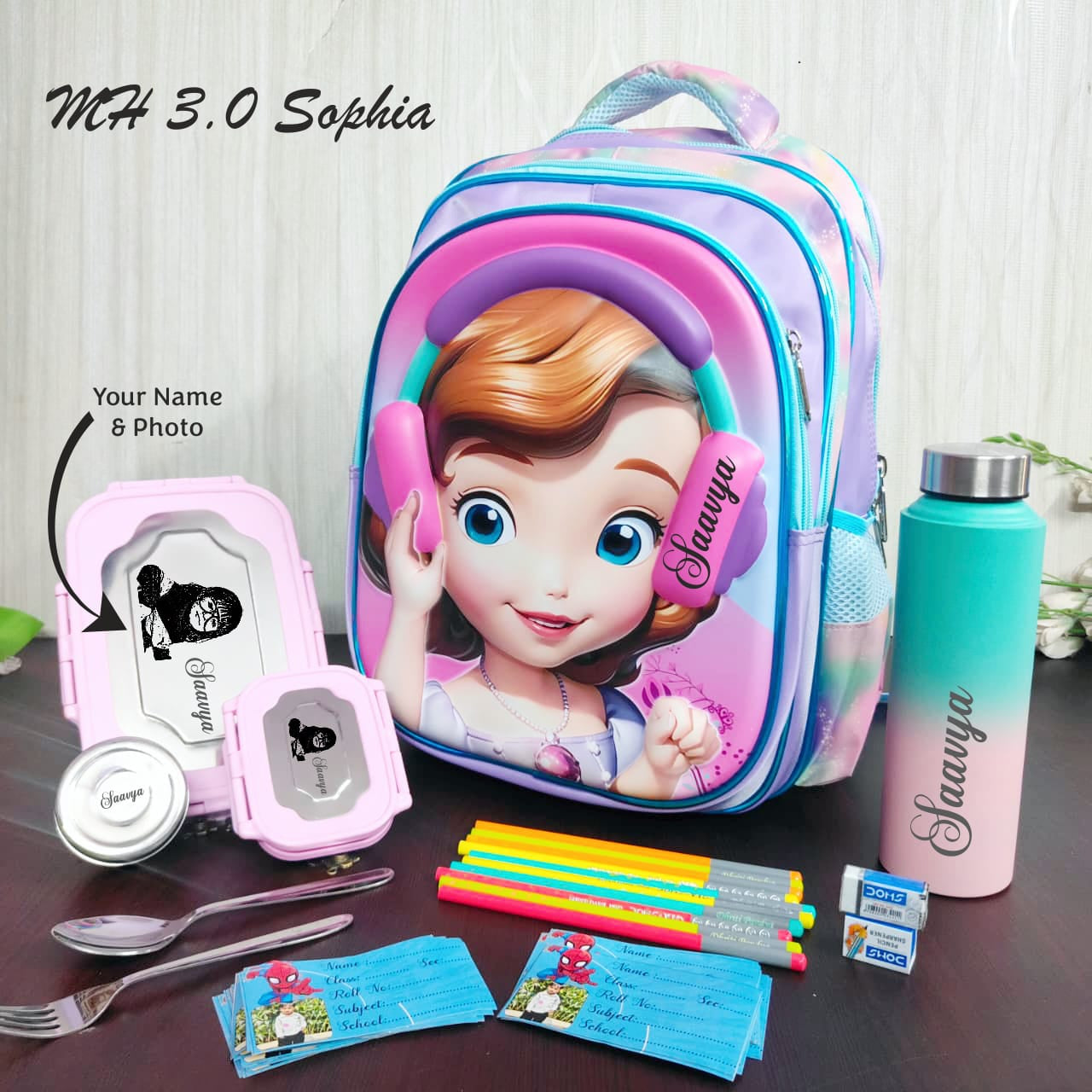 Backpack with cartoon character, stationery items, and water bottle on a wooden surface.