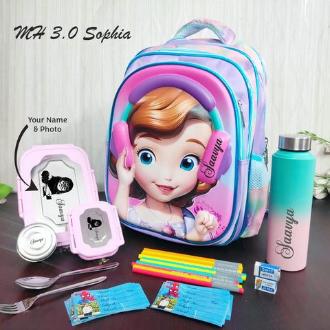 Backpack with cartoon character, stationery items, and water bottle on a wooden surface.