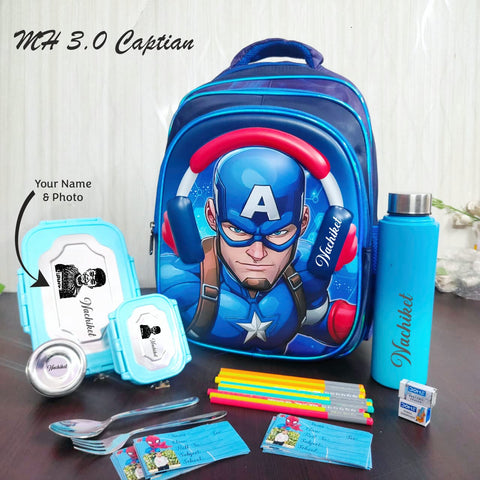 Captain America-themed school backpack with stationery items on a wooden surface