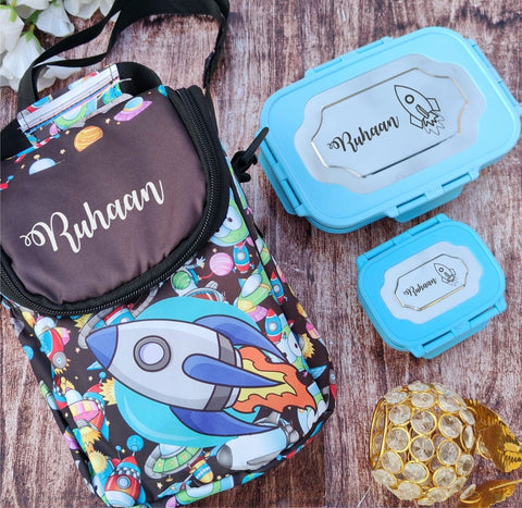 Colorful bag with 'Ruhaan' branding on a wooden surface