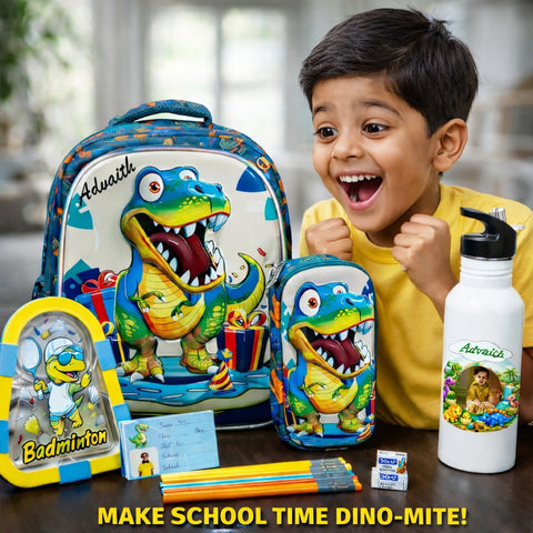 Personalized Dino School Bag Combo for Kids – MH 6.0 14" Backpack, Lunch Box, Sipper Bottle & Stationery Set (Upto Class 2)