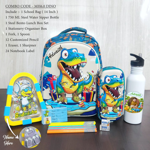 Personalized Dino School Bag Combo for Kids – MH 6.0 14" Backpack, Lunch Box, Sipper Bottle & Stationery Set (Upto Class 2)