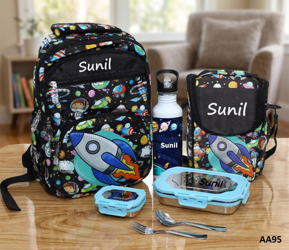 Backpack, water bottle, and lunch box with 'Sunil' branding on a wooden table.