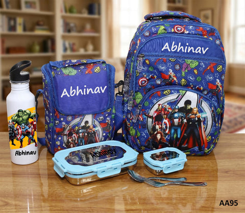 Blue superhero-themed backpack, lunch box, and water bottle with 'Abhinav' on a wooden surface.