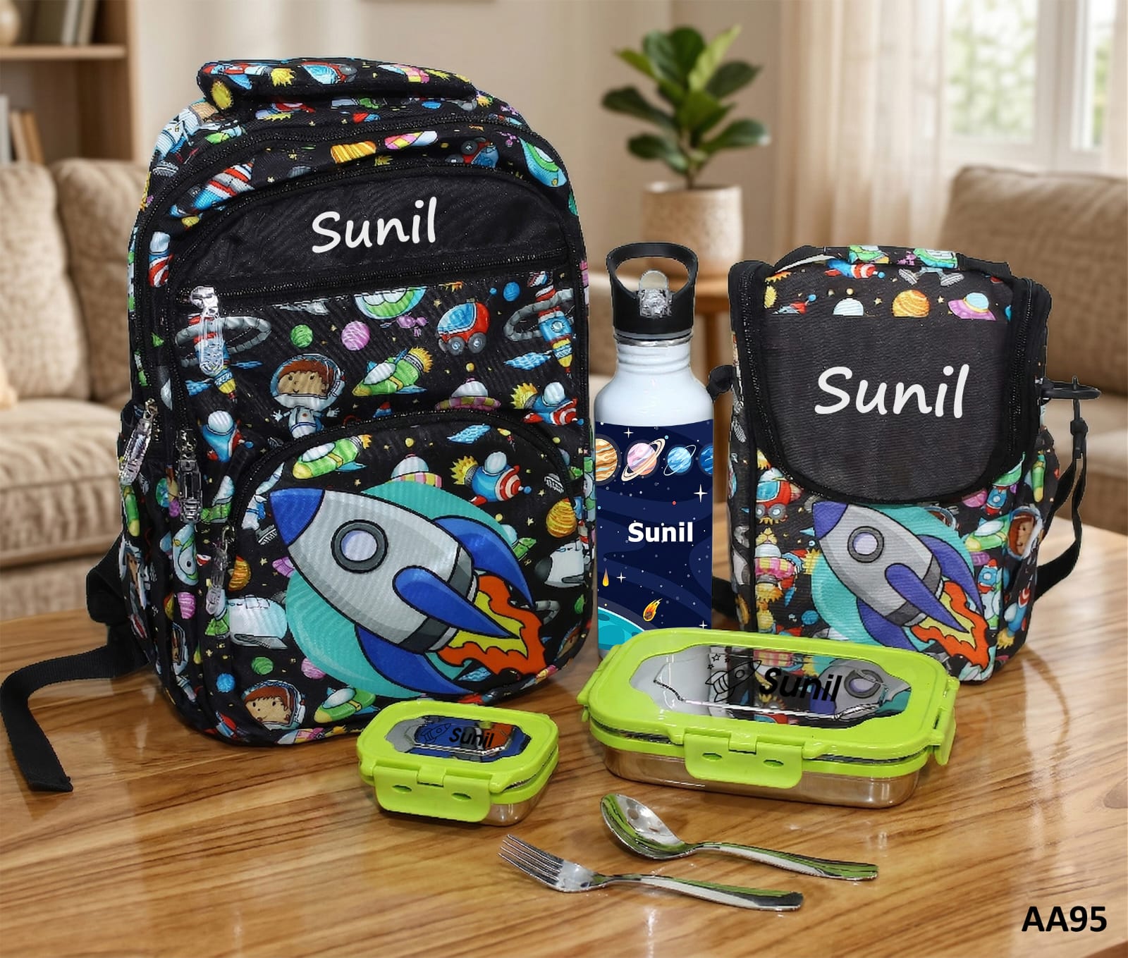 Backpack, water bottle, lunch box, and utensils with 'Sunil' personalized on a wooden table.