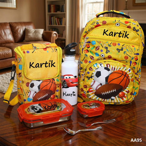 Yellow backpack with sports-themed design and 'Kartik' branding on a wooden table.