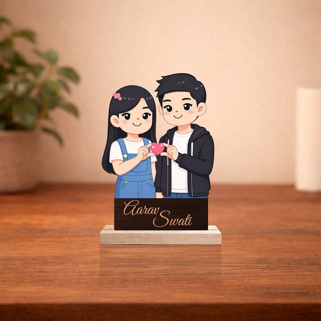 Personalized Couple Cartoon Wooden Cutout Table Stand – Custom Photo & Name