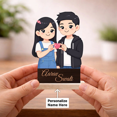 Personalized Couple Cartoon Wooden Cutout Table Stand – Custom Photo & Name