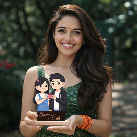 Personalized Couple Cartoon Wooden Cutout Table Stand – Custom Photo & Name