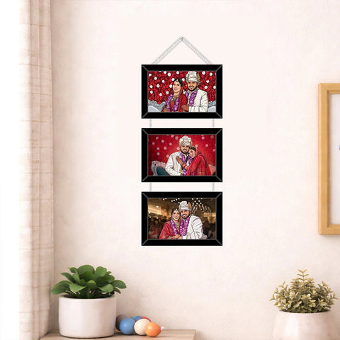 Set of three photo frames hanging on a wall with a couple's pictures.