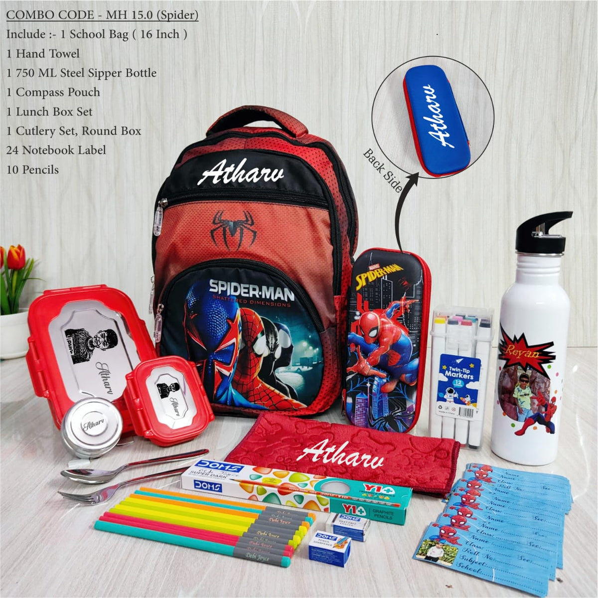 Spider-Man themed school supplies including a backpack, water bottle, and stationery items on a white surface.