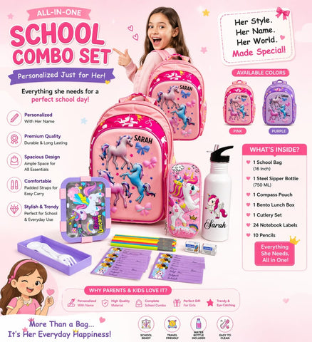Pink school combo set with backpack, water bottle, and stationery items for a girl named Sarah on a pink background.