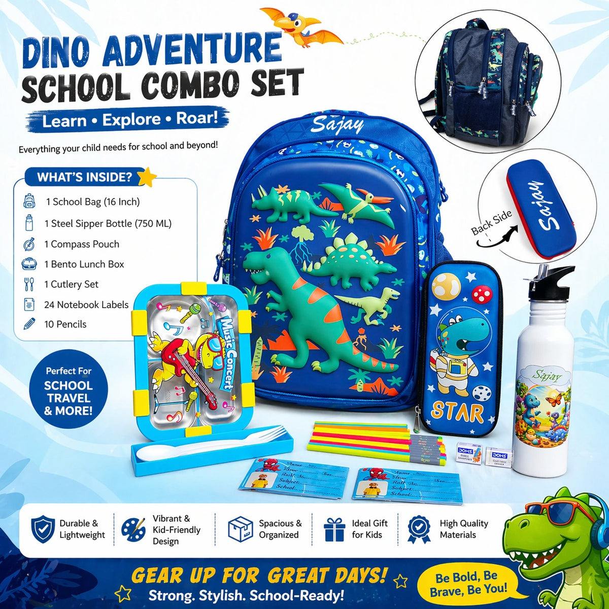Dino Adventure School Combo Set with backpack, water bottle, and stationery items on a blue background
