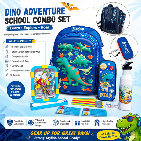 Dino Adventure School Combo Set with backpack, water bottle, and stationery items on a blue background