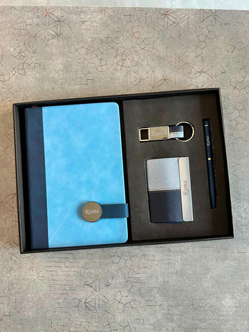 Personalized 4-in-1 Ivory Gift Set – Custom Name A5 Diary, Dual Tone Pen, Keychain & Card Holder Combo