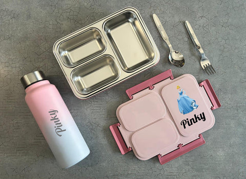 Personalized Kids 3-Partition Bento Box & Dual Tone Bottle Set – Custom Name Cartoon Character Back to School Combo