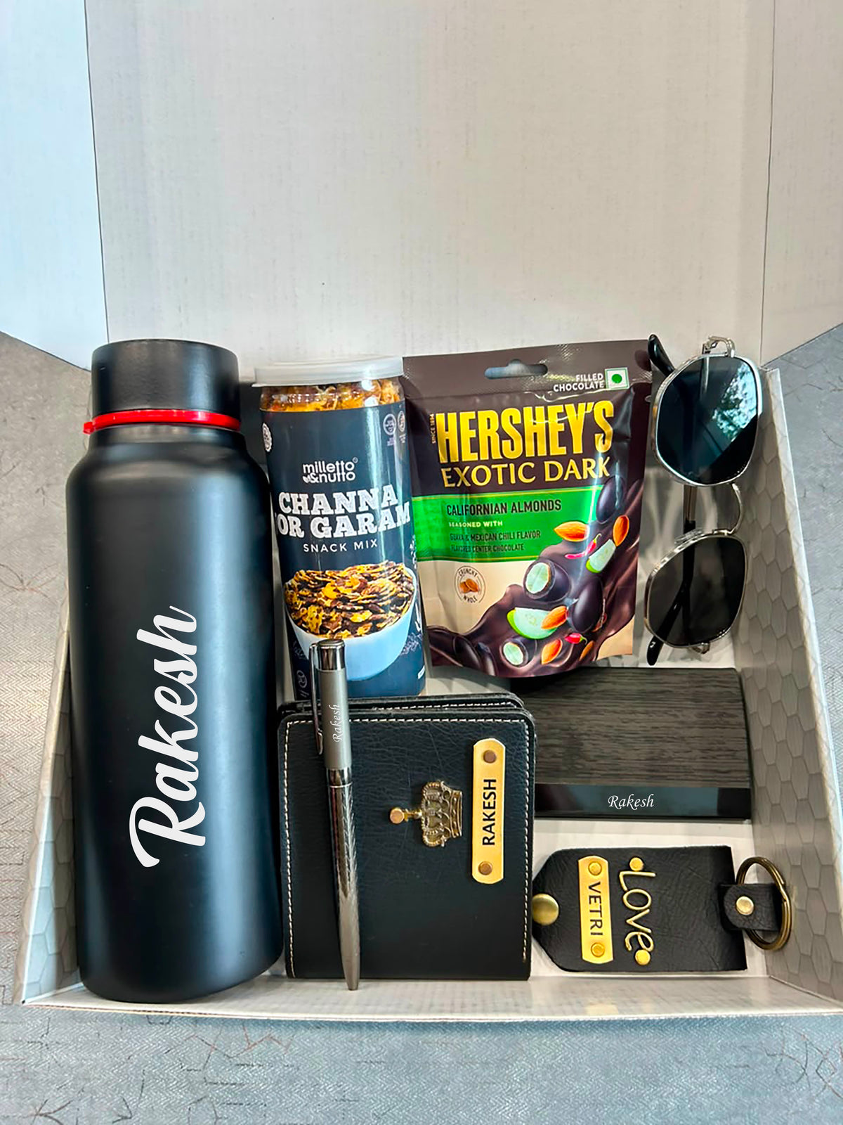 Personalized Father's Day Premium Gift Combo – 9-Piece Custom Name Set with Perfume, Wallet, Sunglasses & Snacks