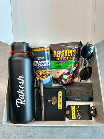 Personalized Father's Day Premium Gift Combo – 9-Piece Custom Name Set with Perfume, Wallet, Sunglasses & Snacks