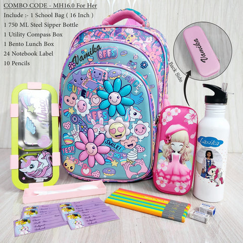 Personalized Back to School Bag Hamper for Girls – 6-Piece Custom Name 16-Inch School Bag Set (Class 2–8)