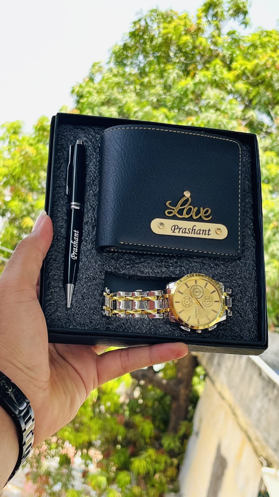 Personalized Men's Gift Combo – Custom Name NEXON Wallet, Metal Pen & Chain Watch 3-Piece Set