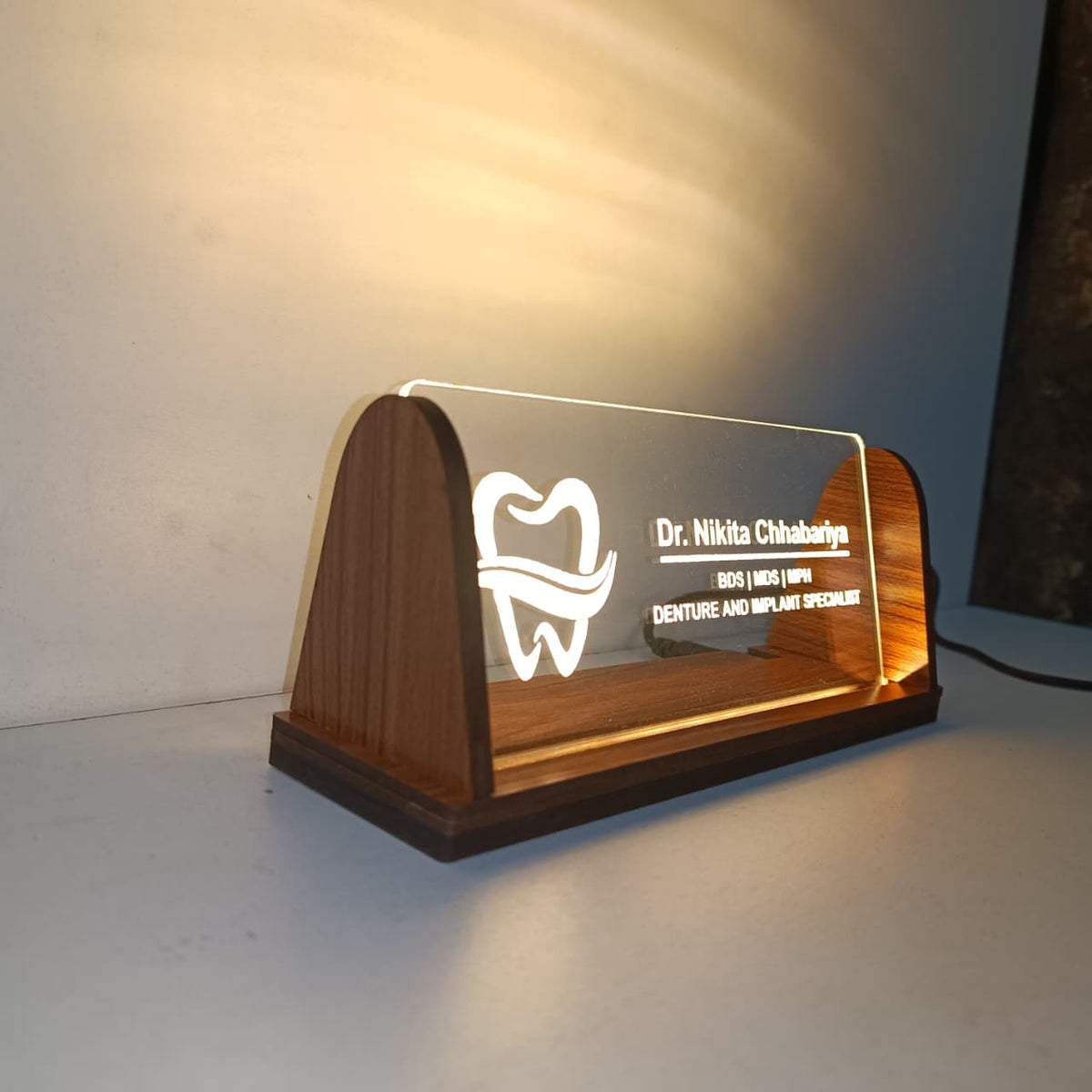 Customised LED Acrylic Name Plate with Wooden Base